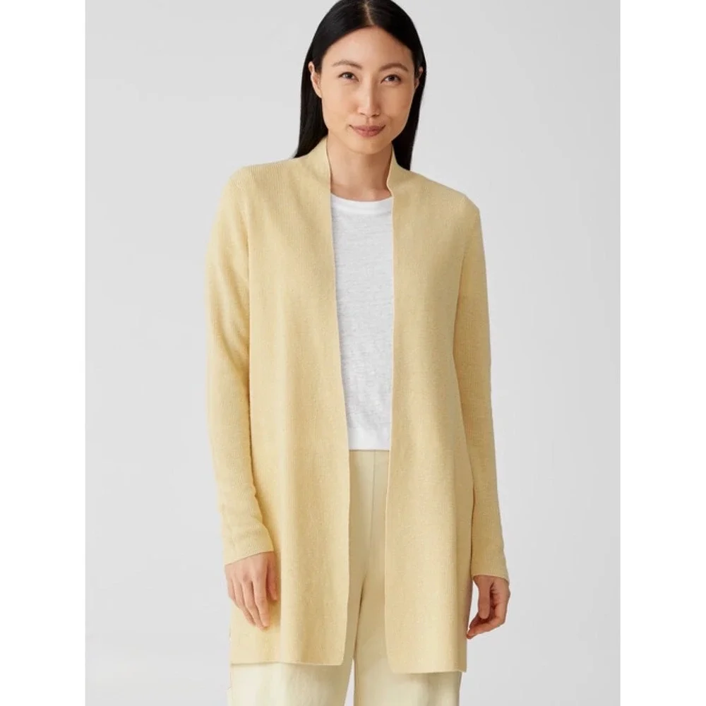 Eileen Fisher Long Cardigan Womens M Yellow Organic Linen Cotton‎ Open Front